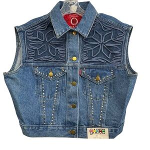 Vintage Gazoz Women's Studded Denim Vest‎ Cropped Retro 90s Style Size Small NWT